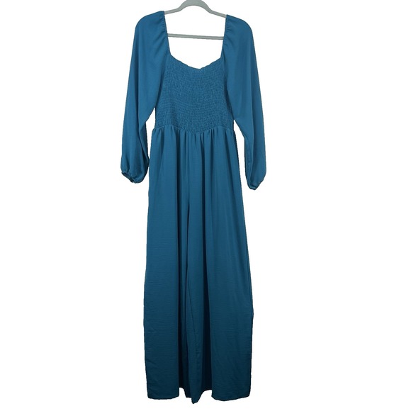 Dokotoo Pants - DOKOTOO Size L Teal Blue Wide Leg Jumpsuit with Pockets Smocked Balloon Sleeves